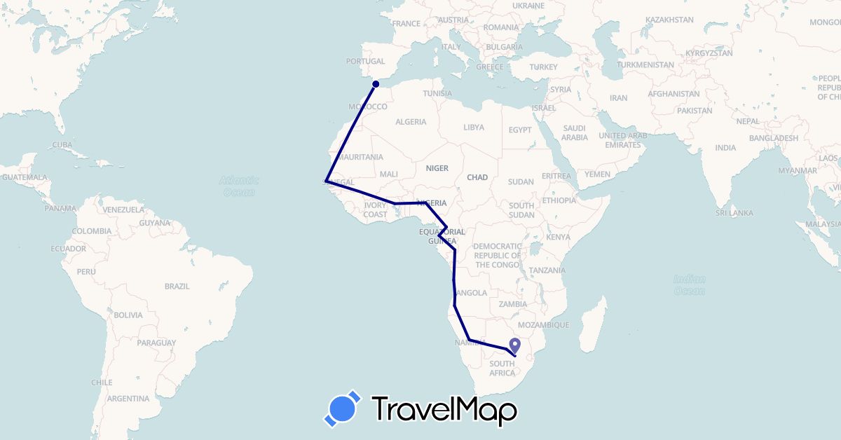 TravelMap itinerary: driving in Angola, Cameroon, Gabon, Ghana, Equatorial Guinea, Morocco, Namibia, Nigeria, Senegal, South Africa (Africa)